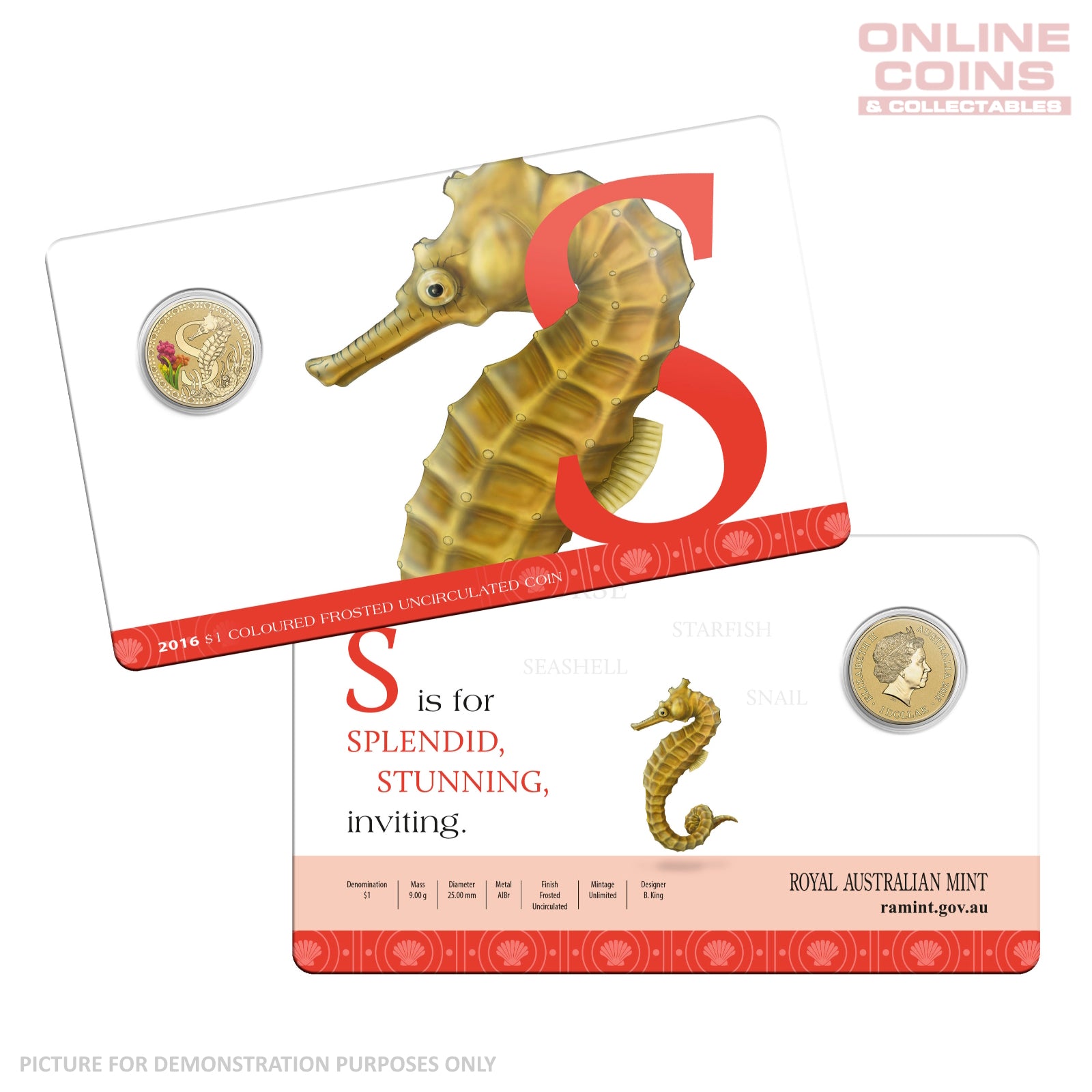 2016 $1 Coloured Alphabet Frosted Coin In Card - S for Seahorse